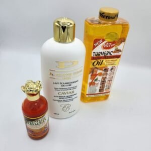 Combo Éclaircissant Huile Turmeric – VeetGold 100ml + Lait Françoise Bedon Carvia + Sérum Alpha Arbutin 3A | Éclaircit Visage & Corps, Anti-Taches, Résultat en 14 Jours